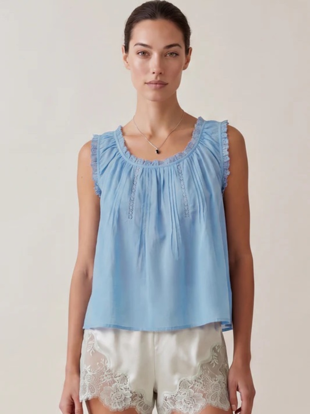 Light Blue Sleeveless Lace-Trim Blouse
